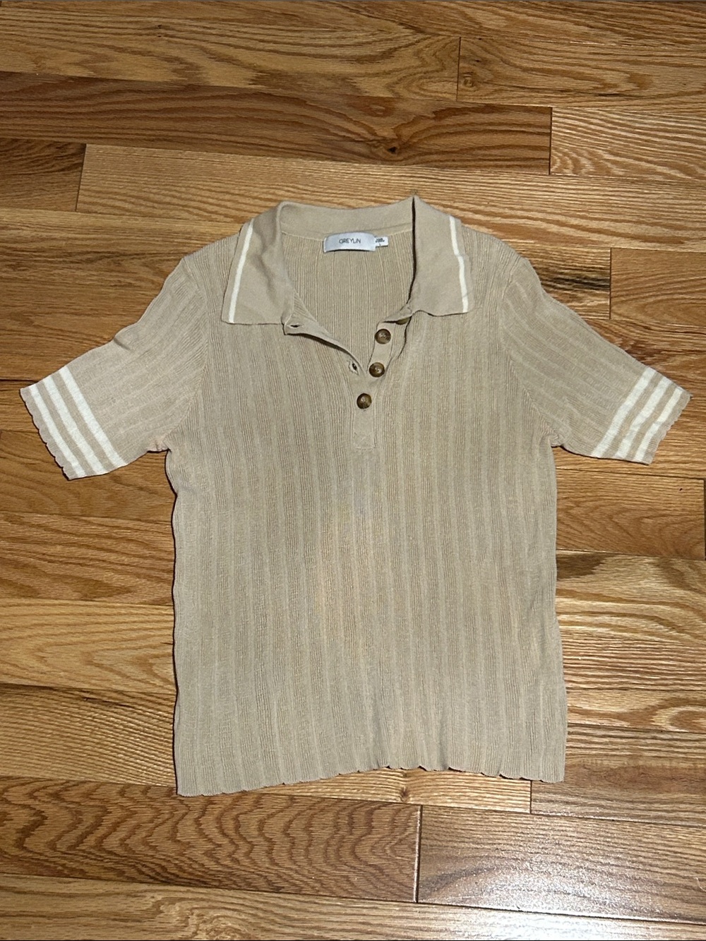Greylin Beige Ribbed Polo Top with Ivory Stripes